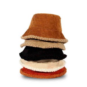 Winter Bucket Hoeden Vrouwen Warming Panama Hat Dame Fluffy Corduroy Double-Side Draag Outdoor Fisherman Cap Hat voor Vrouwen Y220301