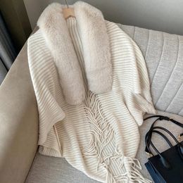 Winter kasjmier gebreide sjaal mantel poncho dames nepbontkraag kwast cape elegante poncho's warme omslag wollen vest koude jas 240108