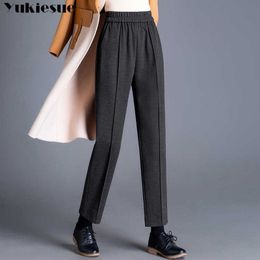Hiver décontracté élastique taille haute gris noir pantalon femmes laine épaisse dames bureau pantalon femme laine Harem 210608