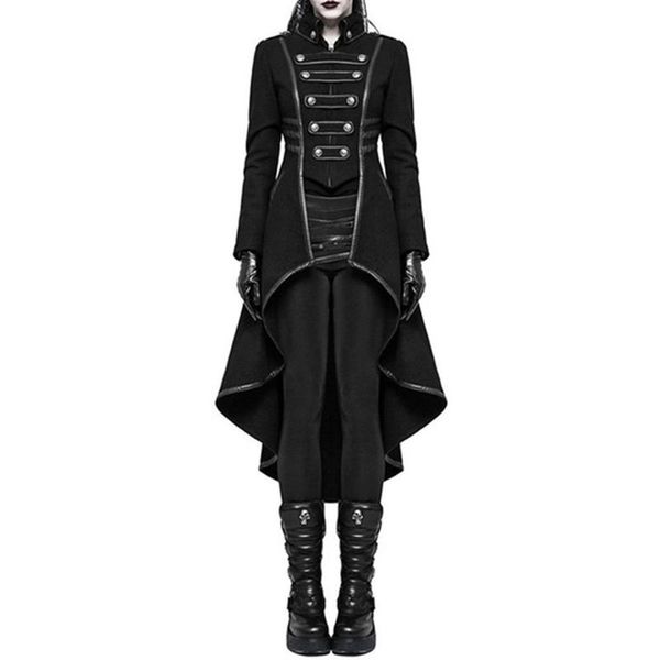 Hiver Casual Gothique Plus La Taille Partie Chaud Femmes Long Trench-Coats Noir Mince Plaine Plissée Automne Femme Goth Manteaux 201102