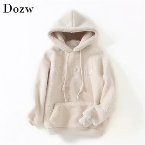 Winter Casual Sweatshirt Warme Hoodies voor Dames Harajuku Letter Print Losse Fleece Hooded Hoodie Lange Mouw Teddy Pullover 210515