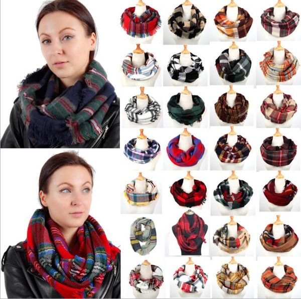 Hiver Chic Tricot Tartan Plaid Infinity Écharpe Châle Femmes Boucle Bandana Nouveau Designer Rouge Buffle Acrylique Grille Vérifier Snood Foulards