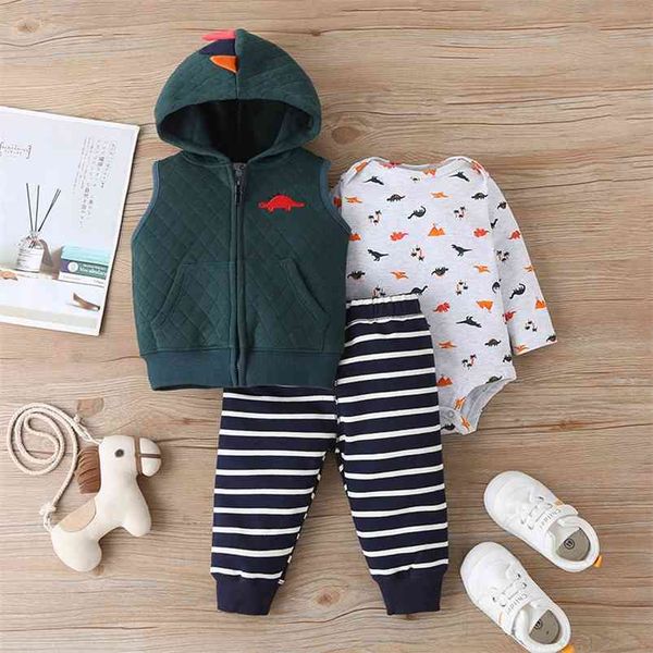 Ensembles d'hiver pour enfants à manches longues imprimé dinosaure barboteuse sans manches sweats à capuche pantalons rayés mignon 3pcs filles garçons vêtements ensemble 0-2T 210629