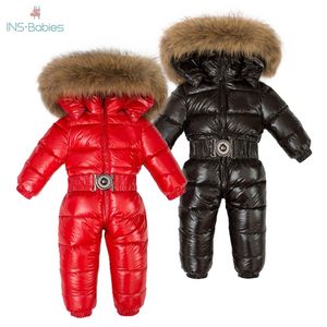 Niños de invierno 90% pato blanco abajo mamelucos niños piel natural grande con ropa con capucha niñas espesar mono 2-6y niños traje de nieve LJ201017
