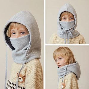 Winter Kinderen Bivakmuts Pluche Fleece Gevoerde Capuchon Hoed Skimuts Volgelaatsmaskers Kindermutsen Mutsen Grote Snood 2 in 1 240113