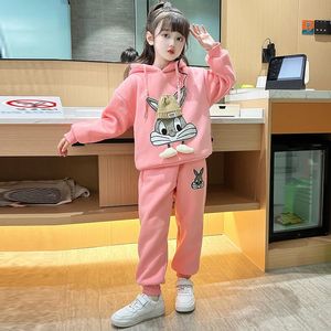 Hiver enfants vêtements ensembles enfants costume chaud pull fille polaire sweats à capuche pull sweat pantalon 2 pièces ensemble dessin animé lapin tenues 240108