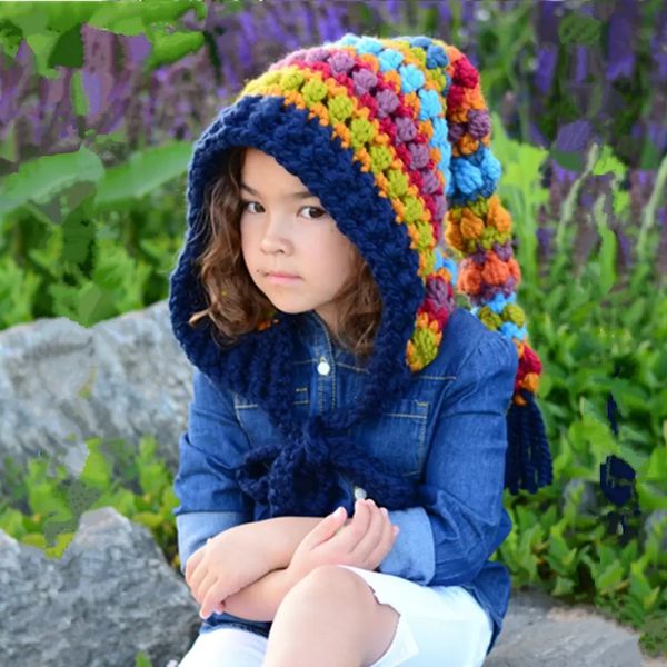 Hiver enfants Crochet arc-en-ciel longue queue chapeau assistant elfe tricoté laine chaud chapeau garçons filles épais longue tresse casquettes chapeaux