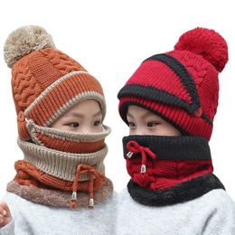 Hiver enfants filles tricot bonnet écharpe masque ensemble doux chaud polaire doublé chapeau de Ski avec accessoires pompon 28 ans 240113