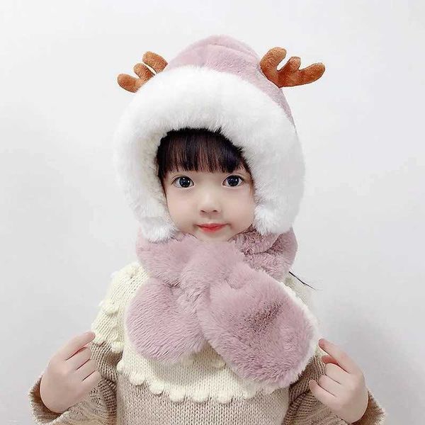 Invierno niños sombrero bufanda una pieza niños y niñas grueso cálido peluche lindo bebé ciervo cuerno a prueba de viento protección de oído 230920
