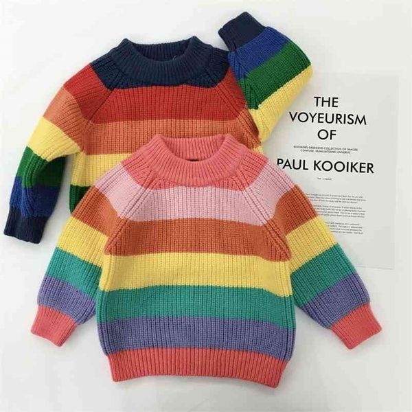 Pull pour enfants d'hiver arc-en-ciel rayé filles et garçons Kint pulls automne bébé chaud laine hauts pour enfants vêtements 210521