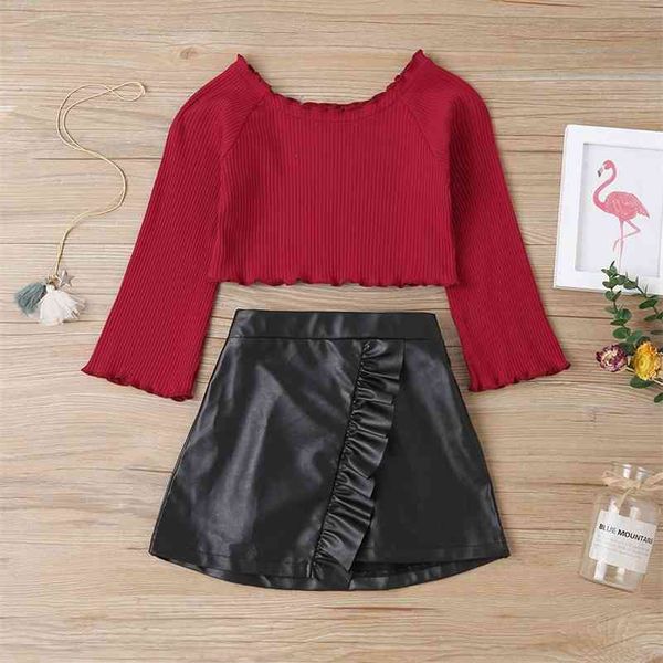 Conjuntos de invierno para niños, camiseta informal de manga larga roja sólida, falda negra de cuero PU, ropa bonita para niñas de 2 uds, 18M-6T 210629