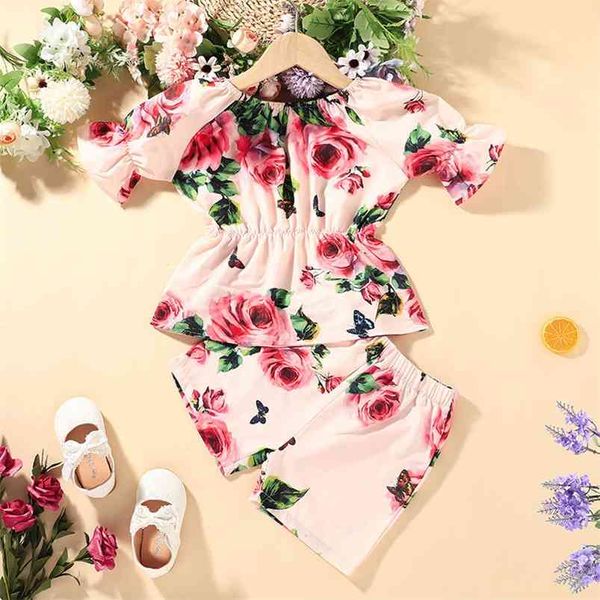 Conjuntos de invierno para niños Camiseta de manga larga con estampado floral Pantalones cortos de flores rosas Lindo 2 piezas Ropa para niñas y niños 12M-5T 210629