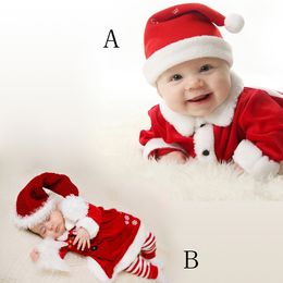 Winter Christmas Baby Jongens en Meisjes Santa Claus Kostuum Velvet Tops Broek Hoed Outfit Kleding 3 stks Set