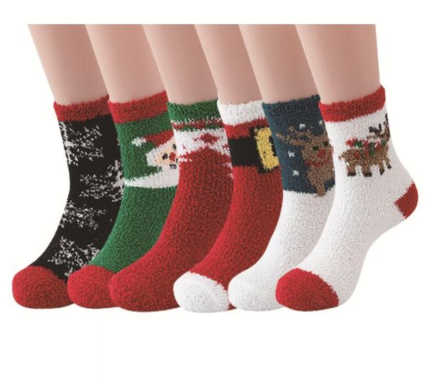 Calcetines de punto de Navidad de invierno para mujer Toalla de rizo gruesa Forro polar Calcetines de zapatilla borrosos térmicos Santa Deer muñeco de nieve decoración Calcetín de Navidad Regalo