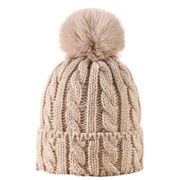 Gorro grueso de invierno para mujer, gorro de bola de piel con pompón, tejido torcido pesado, gorro para mantener el calor, gorros caqui, negro y blanco