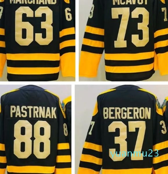 Maillot classique d'hiver Patrice Bergeron David Pastrnak Brad Marchand Charlie McAvoy maillots de hockey noir jaune cousu