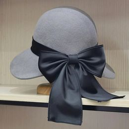 Cloche d'hiver chapeau rond pour femmes laine Fedora chapeaux chaud large Bim disquette ruban nœud papillon chapeau église robe feutre seau chapeau 240126