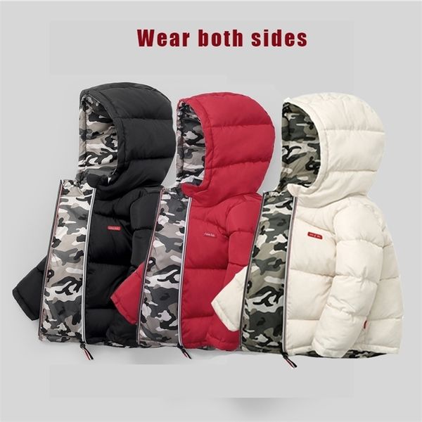 Abrigo de invierno Niños Peluche Chaqueta de algodón cálido Patrón de camuflaje Cómodo Impermeable Ropa de doble cara 3-8 y 211204