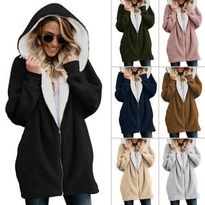 Manteau d'hiver en mélange de laine pour femme, veste polaire en fausse fourrure doublée Sherpa, sweat à capuche zippé, cardigan pour femme, grande taille, manteau cape à la mode