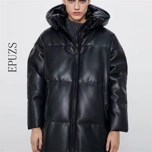 Manteau d'hiver à capuche rembourré PU parka femmes Faux cuir doudoune femme lâche fermeture éclair pardessus décontracté chaud longs manteaux 211108