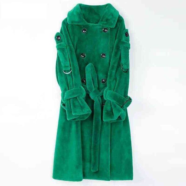 Abrigo de invierno largo y cálido, gabardina de piel sintética esponjosa para mujer, doble botonadura, rosa, blanco, verde, cinturón de moda, prendas de vestir exteriores para mujer T220810