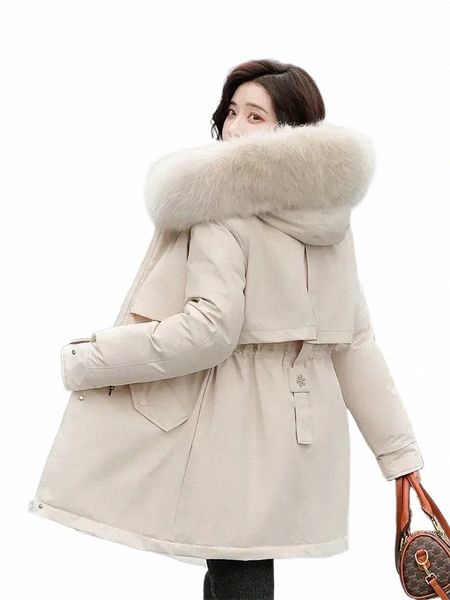 Capa de invierno Bajo precio en venta Beige Añadir lana gruesa calidez de piel Capeta de parkas Capucha 2023 Nuevo cinturón de cotitud delgada H89N#