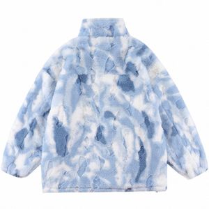 Winterjas Mannen Vrouwen Flanel Sherpa Jas Jas Streetwear Tie Dye Rits Parka Jas Cott Losse Dikke Uitloper Tops e6FO #