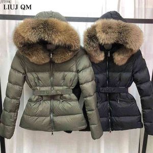 Manteau d'hiver femmes marque de luxe doudoune col en fourrure naturelle mince ceinture duvet de canard plume Parkas doudoune noir 211221