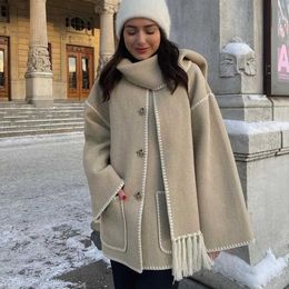 Cappotto invernale Donna New Lady Outwear Giacca Elegante tasca a maniche lunghe Cappotti monopetto con sciarpa