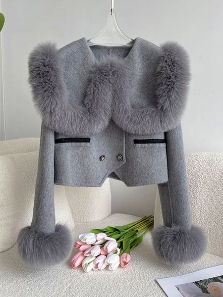 Manteau d'hiver femme 2024 fausse fourrure de haute qualité grand revers double couche épais manteau de laine chaude manteau de mode coréenne Chaquetas 240123