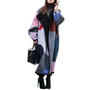 Abrigo de invierno para mujer, abrigo de mezcla de lana con estampado Digital de solapa ancha, gabardina larga de gran tamaño, prendas de vestir coloridas de lana para mujer
