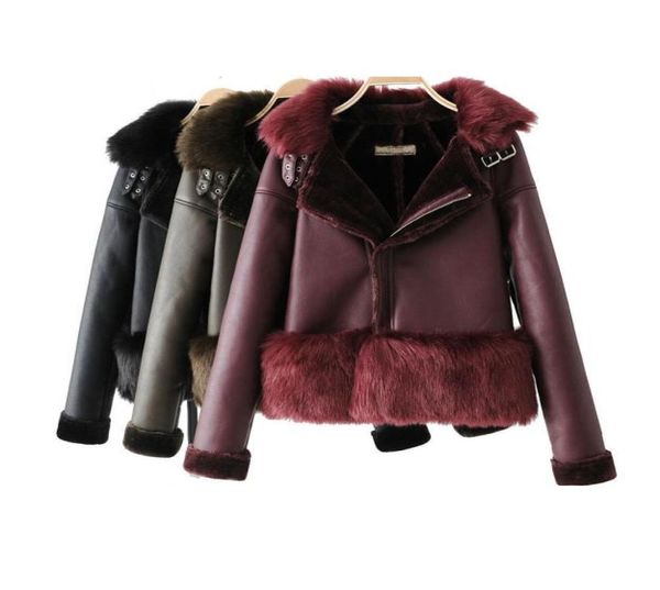 Abrigos y chaquetas de invierno para mujer, chaqueta de cuero verde con cuello de piel gruesa, prendas de vestir exteriores de algodón negro, chaqueta de cuero para motocicleta para mujer 201034167163