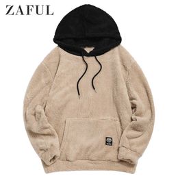 Hiver Colorblock Épissage Fausse Fourrure Fluffy Hoodies Hommes À Manches Longues Pull Femmes Sweat Cordon Tops Casual Hoodie 210707