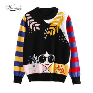 Winter Contrast Striped Mouwen Borduurwerk Bladeren Beaded Pailletten Zonnebril Meisjes Gebreide Sweater C-177 211018