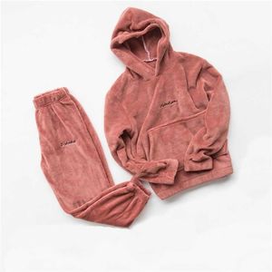 Invierno Coral Fleece Pajama Set Mujeres Grueso Cálido Franela Terciopelo Acogedor 2 Piezas Manga larga Ropa de dormir Traje Lady Ropa Homewear 211211