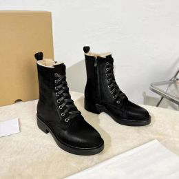 Bottes de neige en peau de vache d'hiver pour femmes, bottines à lacets en laine à tête ronde, mode décontractée, bottines Martin polyvalentes, chaussures de luxe de styliste pour femmes, chaussures d'usine