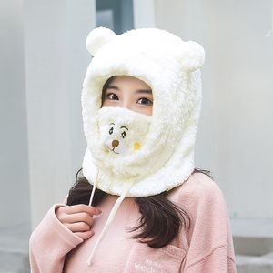 Máscara de oso bonita de invierno, gorro de una pieza, gorro con protección de oídos grueso y cálido para mujer y niña, bufanda para el cuello a prueba de viento, sombrero de Cachemira para mujer