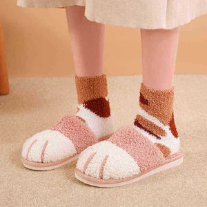 Hiver mignon chat jambe designer maison femmes fourrure pantoufles plancher muet chambre amoureux chaud chaussures en peluche intérieur dames moelleux diapositives J220716