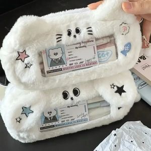 Winter Leuke Pluizige Witte Hond Kat Etui Comfortabel Transparant Venster Pen Zak Meisjes Briefpapier Organisator Schoolbenodigdheden 240306