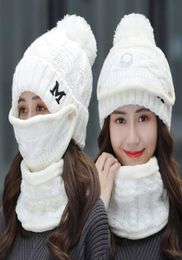 Gorro de ciclismo de invierno para mujer, gorros de lana cálidos de 3 piezas, gorros con cuello de máscara, babero, gorros de punto antismog gruesos de terciopelo para mujer 7762931