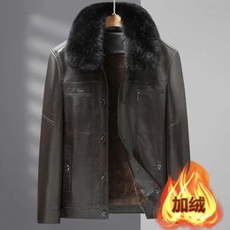 Chaqueta de cuero de invierno para papá con felpa y abrigo grueso de diseñador medio para hombre mayor abuelo cálido S6JU