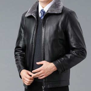 Veste d'hiver en cuir véritable pour hommes, fourrure et peluche intégrée, peau de mouton épaisse, manteau décontracté à revers pour papas FKU0