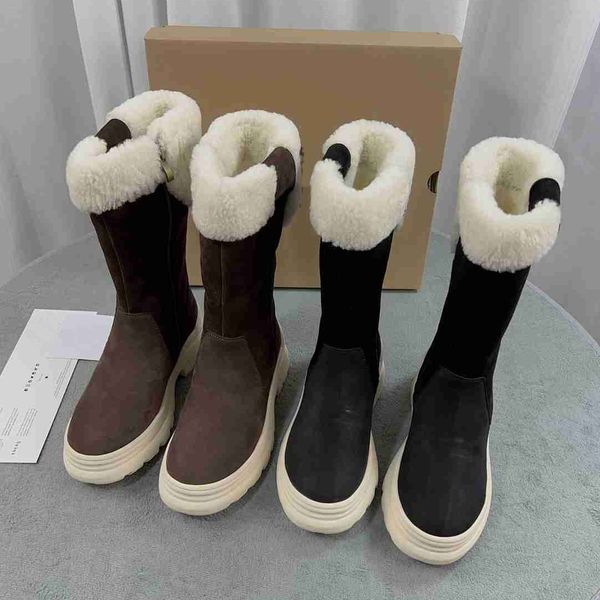 Botas largas de diseñador de invierno Serie Moda Botas de nieve de lana con tapa versátiles Forro con felpa Charol importado resistente a las heladas para calidez y comodidad 35-41