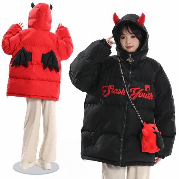 Parka d'hiver avec ailes et cornes du diable, avec sac brodé de lettres du diable, vestes à bulles épaisses et chaudes, Harajuku, vêtements d'extérieur amples à capuche, 2023