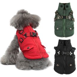 Winterhondenkleding Warme hondenjas met harnas fleece puppy jas 2 in 1 outfit koud weer jassen waterdichte ritsjassen voor kleine honden zwart s a512