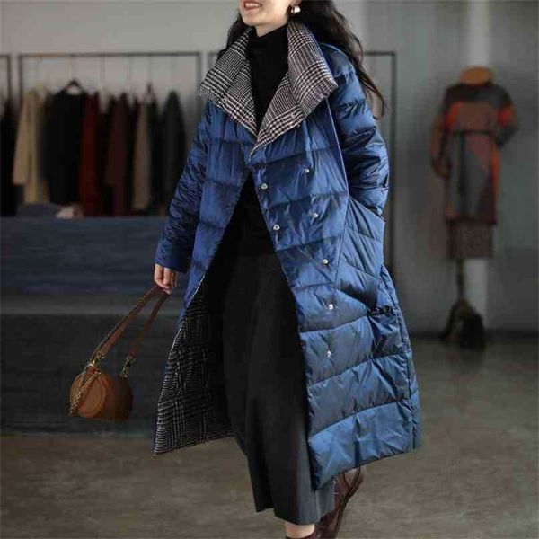 Hiver Double Face Duvet de Canard Veste Femmes Poitrine Plaid Chaud Outwear Femmes Ultra Léger Long Manteau 210525