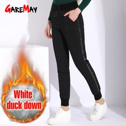 Pantalon d'hiver avec rayures femmes taille haute pantalon noir chaud pour lacets épais plus taille pantalon femme 210428