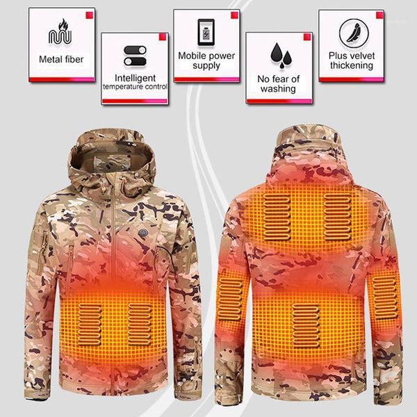 Veste chauffante électrique d'hiver USB Smart Hommes Femmes Vestes chauffantes épaisses Camouflage à capuche Chaleur Chasse Ski Suit1