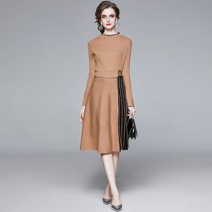 Winter elegante gebreide patchwork geplooid jurk vrouwen flare mouw trui kantoor midi vestidos met riem 210520