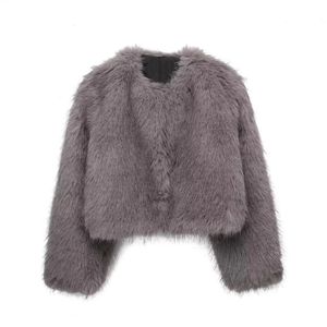 Winter elegante vrouw kunstbont effect korte jas jassen vrouwelijke O-hals vintage lange mouw losse streetwear top